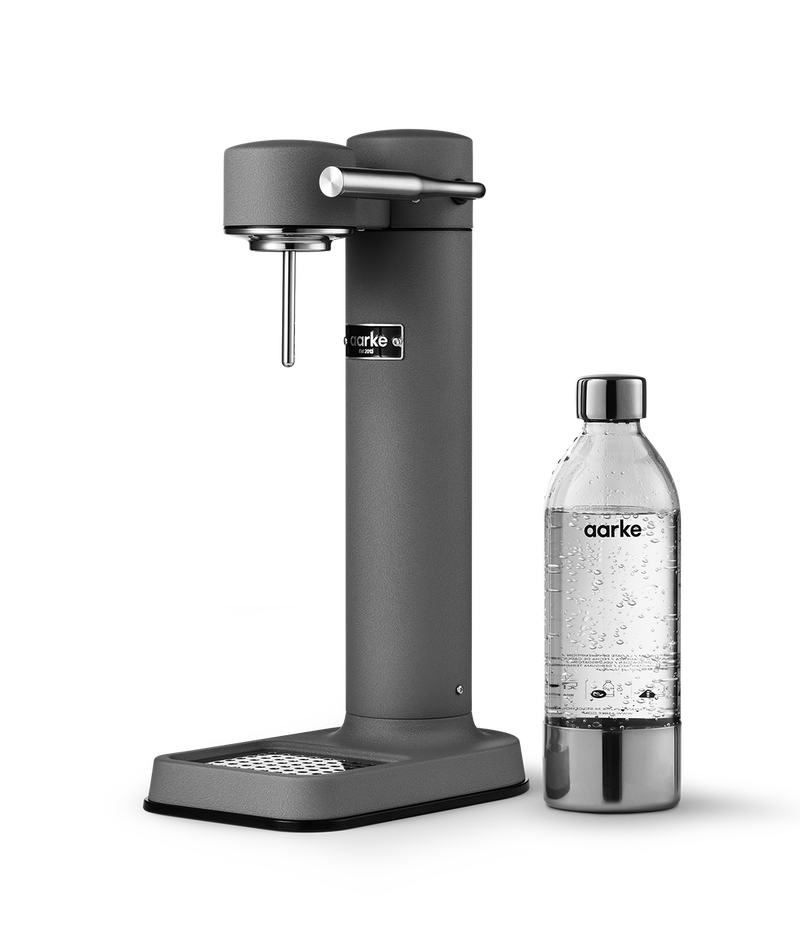 Aarke Carbonator 3 in Matte Grey. Side view with PET bottle.