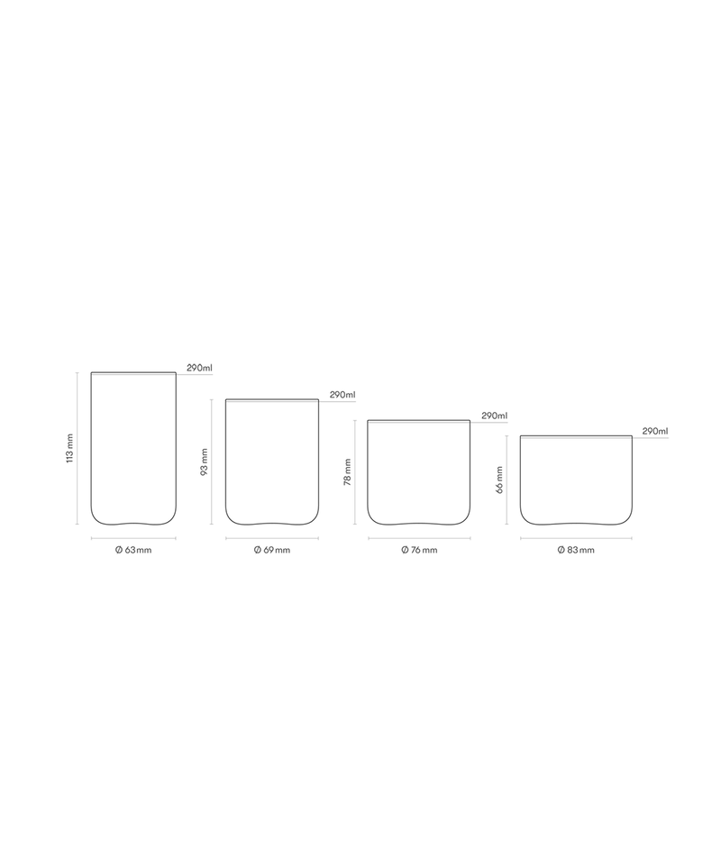 An illustration showing the dimensions for each Aarke Nesting Glass.