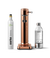 Front view of the Carbonator 3 in Copper beside a PET water bottle and 1 Aarke CO2 Cylinder.