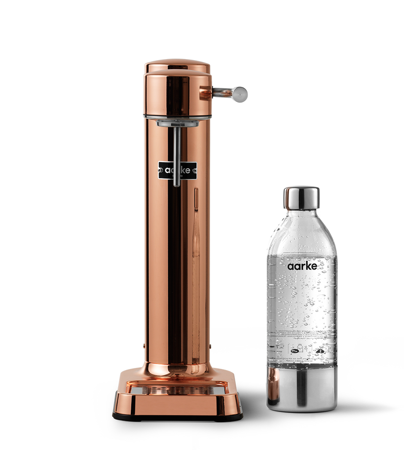 Aarke Carbonator 3 in Copper. Front view with PET bottle.