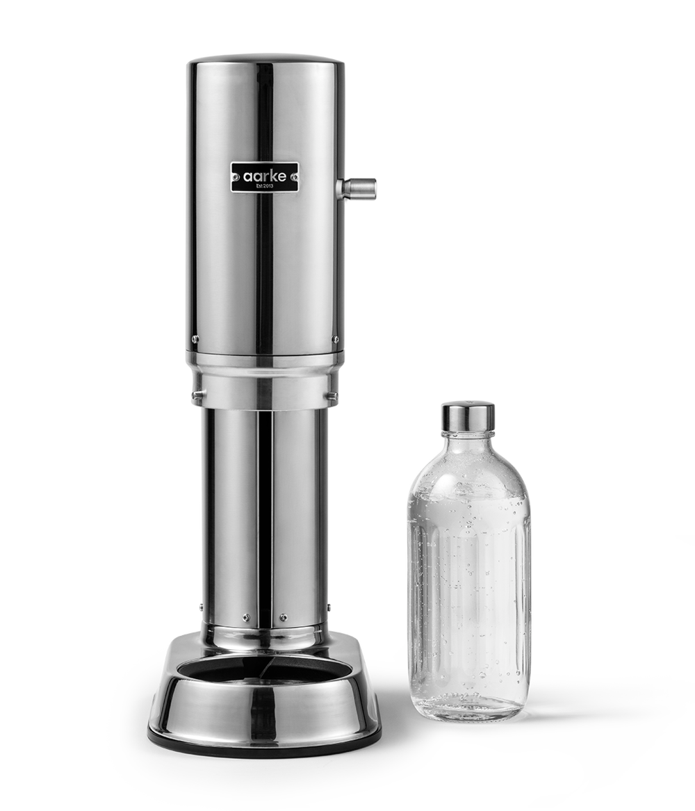 Carbonator Pro in Stainless Steel pictured beside the Glass Bottle for the Carbonator Pro.