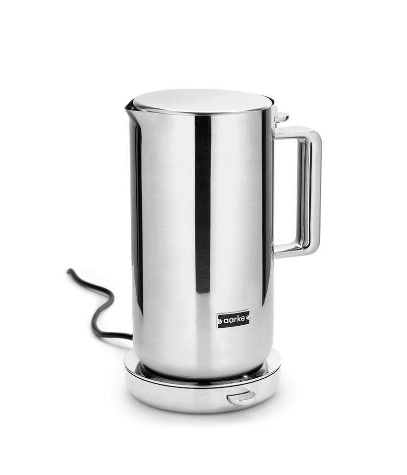 Aarke Stainless Steel Kettle. Side view on base.