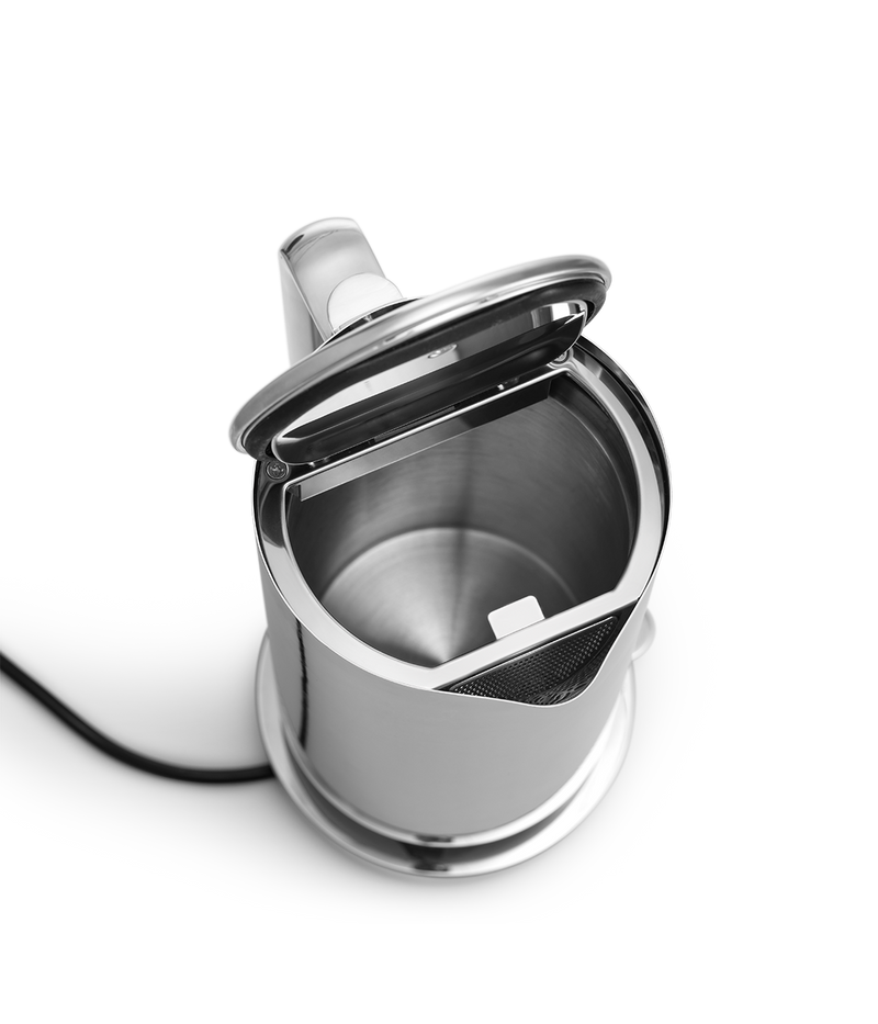 Aarke Stainless Steel Kettle. Top view with lid open.